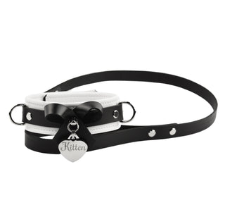 White Leather Bow Premium BDSM Collar & Leash with Custom Engraved Silver Pendant