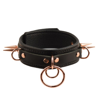 Black Premium Leather Athena Collar & Leash with Rose Gold Spikes and Dual O-Rings