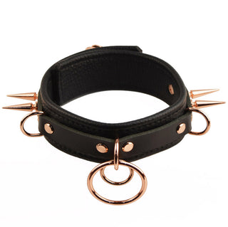 Black Premium Leather Athena Collar & Leash with Rose Gold Spikes and Dual O-Rings