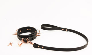 Black Premium Leather Athena Collar & Leash with Rose Gold Spikes and Dual O-Rings