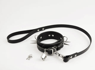 Black Premium Leather Athena Collar & Leash with Steel Spikes and Dual O-Rings