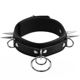 Black Premium Leather Athena Collar & Leash with Steel Spikes and Dual O-Rings
