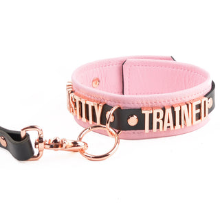 Blush Pink Leather Custom Rose Gold Lettering Bondage O-Ring Collar & Leash - 'Chastity Trained'