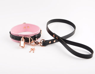 Blush Pink Leather Custom Rose Gold Lettering Bondage O-Ring Collar & Leash - 'Chastity Trained'