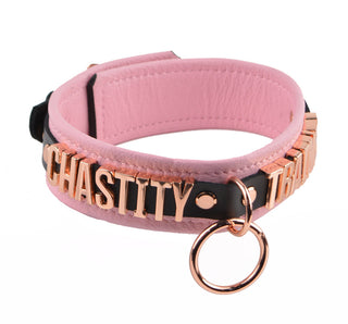 Blush Pink Leather Custom Rose Gold Lettering Bondage O-Ring Collar & Leash - 'Chastity Trained'