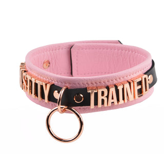 Blush Pink Leather Custom Rose Gold Lettering Bondage O-Ring Collar & Leash - 'Chastity Trained'