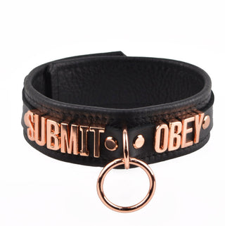 Black Leather Custom Rose Gold Lettering Bondage O-Ring Collar & Leash - 'Submit Obey'