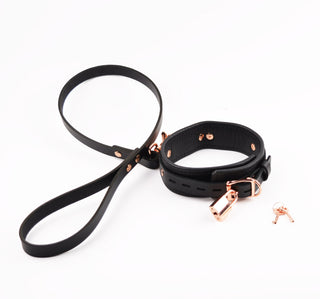 Black Leather Custom Rose Gold Lettering Bondage O-Ring Collar & Leash - 'Submit Obey'