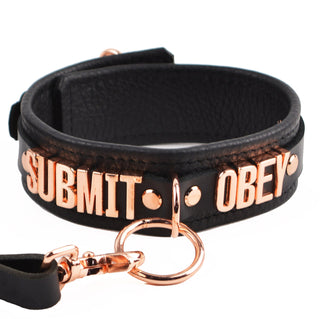 Black Leather Custom Rose Gold Lettering Bondage O-Ring Collar & Leash - 'Submit Obey'