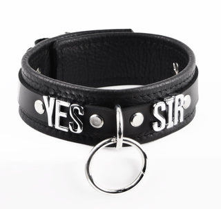 Black Leather Custom Silver Lettering Bondage O-Ring Collar & Leash - 'Yes Sir'