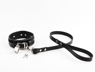 Black Leather Custom Silver Lettering Bondage O-Ring Collar & Leash - 'Yes Sir'