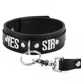 Black Leather Custom Silver Lettering Bondage O-Ring Collar & Leash - 'Yes Sir'