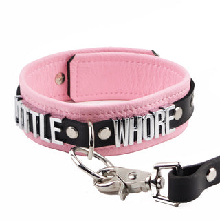 Blush Pink Leather Custom Silver Lettering Bondage O-Ring Collar & Leash - 'Little Whore'