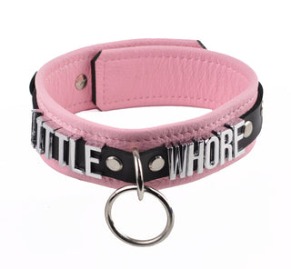 Blush Pink Leather Custom Silver Lettering Bondage O-Ring Collar & Leash - 'Little Whore'