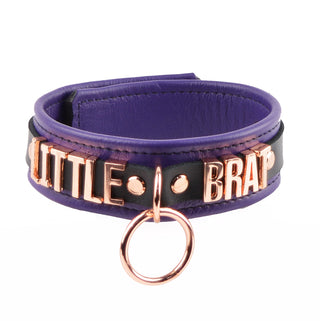 Purple Leather Custom Rose Gold Lettering Bondage O-Ring Collar & Leash - 'Little Brat'
