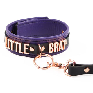 Purple Leather Custom Rose Gold Lettering Bondage O-Ring Collar & Leash - 'Little Brat'
