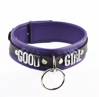 Purple Leather Custom Silver Lettering Bondage O-Ring Collar & Leash - 'Good Girl'