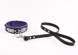 Purple Leather Custom Silver Lettering Bondage O-Ring Collar & Leash - 'Good Girl'