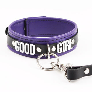 Purple Leather Custom Silver Lettering Bondage O-Ring Collar & Leash - 'Good Girl'