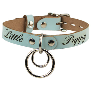 Custom Engraved Leather Dual Ring Collar Aqua Adore Blue Leather with Gold Rose Gold or Silver Hardware