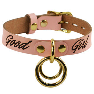 Custom Engraved Leather Dual Ring Collar Blush Pink Leather with Gold Rose Gold or Silver Hardware