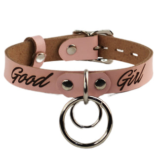 Custom Engraved Leather Dual Ring Collar Blush Pink Leather with Gold Rose Gold or Silver Hardware