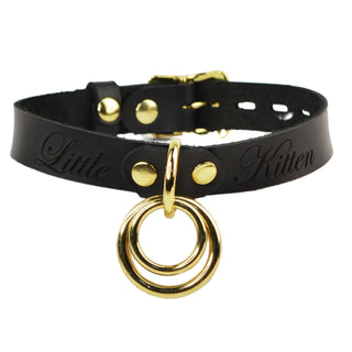 Custom Engraved Leather Dual Ring Collar Black Leather with Gold Rose Gold or Silver Hardware