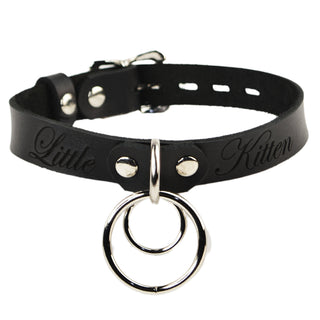 Custom Engraved Leather Dual Ring Collar Black Leather with Gold Rose Gold or Silver Hardware