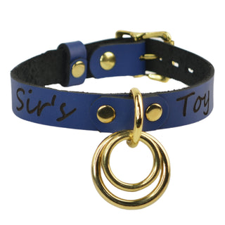 Custom Engraved Leather Dual Ring Collar Deep Blue Leather with Gold Rose Gold or Silver Hardware