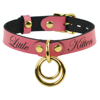 Custom Engraved Leather Dual Ring Collar Deep Pink Leather with Gold Rose Gold or Silver Hardware