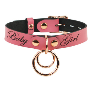 Custom Engraved Leather Dual Ring Collar Deep Pink Leather with Gold Rose Gold or Silver Hardware