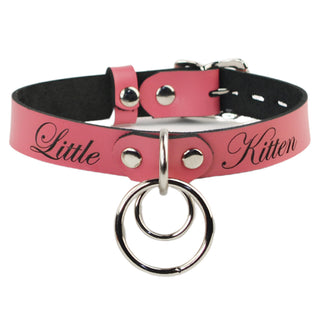 Custom Engraved Leather Dual Ring Collar Deep Pink Leather with Gold Rose Gold or Silver Hardware