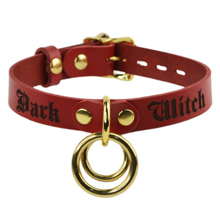 Custom Engraved Leather Dual Ring Collar Americana Red Leather with Gold Rose Gold or Silver Hardware