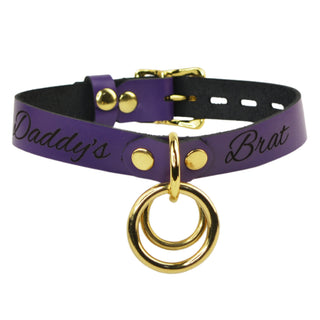Custom Engraved Leather Dual Ring Collar Purple with Gold Rose Gold or Silver Hardware
