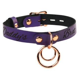 Custom Engraved Leather Dual Ring Collar Purple with Gold Rose Gold or Silver Hardware