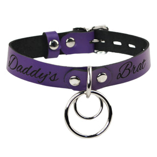 Custom Engraved Leather Dual Ring Collar Purple with Gold Rose Gold or Silver Hardware