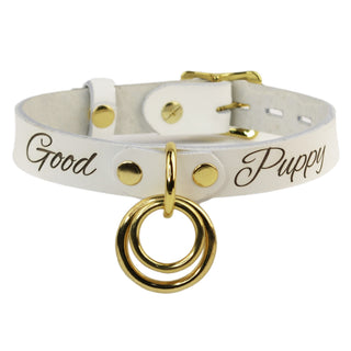 Custom Engraved Leather Dual Ring Collar White with Gold Rose Gold or Silver Hardware