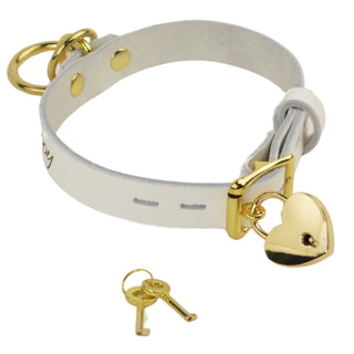 Custom Engraved Leather Dual Ring Collar White with Gold Rose Gold or Silver Hardware