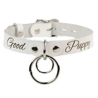 Custom Engraved Leather Dual Ring Collar White with Gold Rose Gold or Silver Hardware