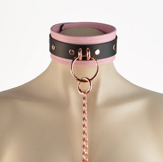 Blush Pink Leather & Rose Gold Premium Bondage Collar With Chain Leash
