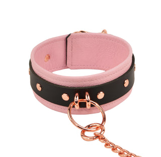 Blush Pink Leather & Rose Gold Premium Bondage Collar With Chain Leash