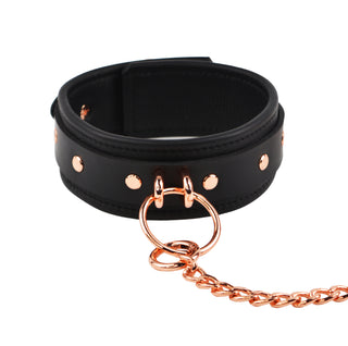 Black Leather & Rose Gold Premium Bondage Collar With Chain Leash