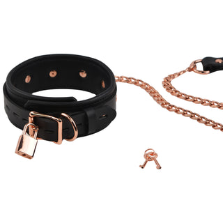 Black Leather & Rose Gold Premium Bondage Collar With Chain Leash