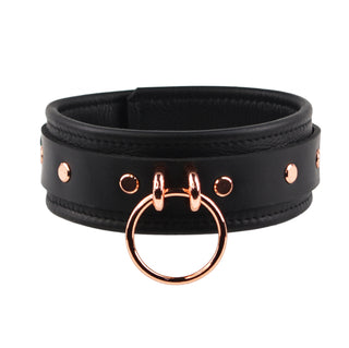 Black Leather & Rose Gold Premium Bondage Collar With Chain Leash