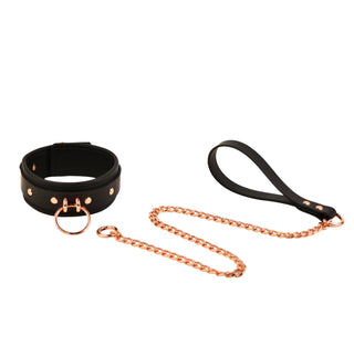 Black Leather & Rose Gold Premium Bondage Collar With Chain Leash