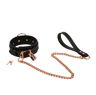 Black Leather & Rose Gold Premium Bondage Collar With Chain Leash