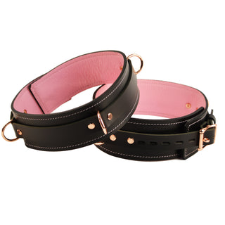 Black and Blush Pink Leather with Rose Gold Bondage Restraint Set | Collar Wrist Ankle and Thigh Cuffs, Connectors Locks