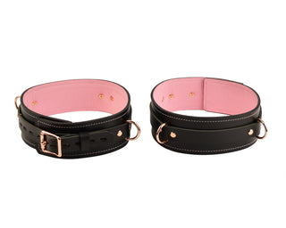 Black and Blush Pink Leather with Rose Gold Bondage Restraint Set | Collar Wrist Ankle and Thigh Cuffs, Connectors Locks