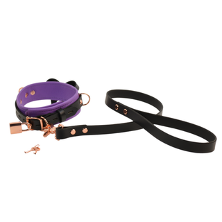 Premium Lilac BDSM Leather Bow Collar With Custom Engraved Rose Gold Pendant and Leash - LIMITED EDT!