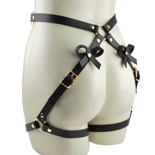 Black Leather Booty & Bow Harness with Wrist Cuffs - Rose Gold, Silver or Gold Hardware